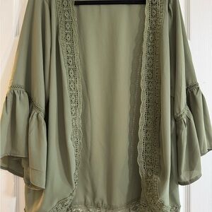 Olive Kimono with Lace Trim